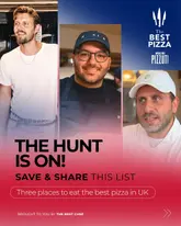 A promotional graphic featuring three chefs from London-based pizza restaurants, presented as a listicle for 'The Best Pizza' in the UK.