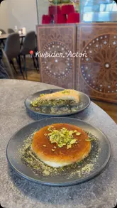A visual tour of Kweider, a Middle Eastern sweet shop, featuring close-ups of kunafa, baklava, and mint tea, alongside shots of the interior seating and display cases.