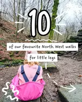 A listicle-style graphic promoting a selection of family-friendly walking routes in the North West of England, featuring a photo of a child in a carrier on a woodland path.