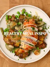 A bright, top-down photograph of a healthy, home-cooked meal featuring sliced chicken breast, roasted potatoes, courgettes, and peas. The image is well-composed with clean lighting and sharp focus, effectively showcasing the texture and freshness of the ingredients.