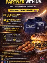 A promotional media kit graphic for a UK-based food influencer, 'Grumpy Northern Foodie', designed to attract brand partnerships. The image features high-contrast text overlays highlighting engagement statistics alongside stock-style food photography of a burger and chicken wings.