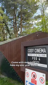 A mother vlogs her experience taking her one-year-old to a private cinema pod in Cardiff, highlighting the convenience and relaxation of having a private space for a toddler.