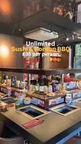 A short video showcasing an unlimited sushi and Korean BBQ dining experience at Keonbae. The video highlights the conveyor belt sushi system and the tabletop BBQ grills, emphasizing the value proposition of the £35 per person price point.