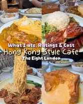 A clean, four-panel collage showcasing a variety of dishes from a Hong Kong-style cafe, 'The Eight London'. The image includes a volcano egg curry, a three-meat BBQ rice dish, beef brisket lo mein, and a salted egg yolk toast. The text overlay clearly indicates the content is a review featuring ratings and costs, making it highly informative for potential customers.