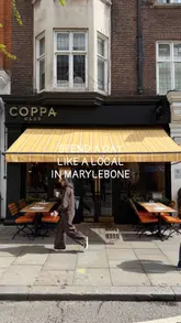 A 'day in the life' style reel showcasing a visit to Marylebone, London, featuring stops at local shops, a museum, and a lunch/drinks experience at Coppa Club.