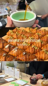 A fast-paced montage video capturing the highlights of the Glasgow Coffee Festival, featuring various coffee roasters, bakeries, and ceramic artists. The video uses quick cuts to showcase a wide range of products including pastries, specialty coffees, matcha, and hojicha, providing a comprehensive overview of the event's atmosphere and offerings.