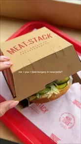 A fast-paced, energetic reel showcasing Meat:Stack, a burger venue in Newcastle. The video features close-ups of their burgers, the menu, the interior, and the creator enjoying the food.