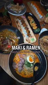 A montage showcasing various dishes and drinks at Maki & Ramen in Manchester, including ramen, sushi, small plates, and desserts.