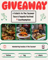 A promotional graphic for a taco and tequila festival giveaway, featuring three high-quality close-up shots of tacos being prepared and served. The design is clean and functional, clearly communicating the giveaway details and the event name.