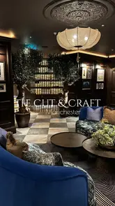 A montage showcasing the interior and atmosphere of Cut & Craft in Manchester, featuring shots of the bar, dining area, a smoked cocktail, and plated desserts.