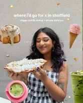 A social media cover image featuring a creator holding a pastry, surrounded by digital stickers of various vegan treats and drinks, promoting a guide to vegan spots in Sheffield.