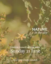 A promotional graphic for a climate action event at Sea Containers London, featuring a nature-themed background with text overlay.