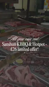 A promotional reel for an all-you-can-eat BBQ and hotpot restaurant in London, highlighting the variety of fresh ingredients, the interactive cooking stations, and a specific limited-time early bird offer.