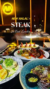 A polished, cinematic review of Ava Steakhouse in Romford, showcasing the restaurant's elegant interior, featuring a large cherry blossom tree, and highlighting several dishes including seared scallops, pan-seared halibut, steak, and a chocolate dessert.