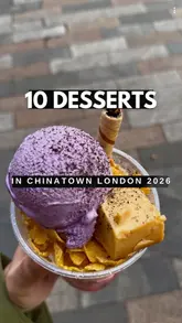 A fast-paced listicle video showcasing 10 different dessert spots in London's Chinatown, featuring a variety of Asian-inspired treats like mochi buns, shaved ice, and mango sticky rice.