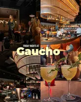 A four-panel collage showcasing the Friday night atmosphere at Gaucho, featuring a live band, the bar area, and close-ups of signature cocktails.