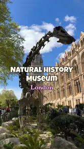 A montage video showcasing a visit to the Natural History Museum in London, featuring the iconic architecture, the main hall with the whale skeleton, the dinosaur exhibits, and the Pokemon pop-up store.