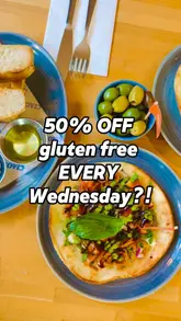 A promotional video for Prezzo featuring a variety of gluten-free dishes, including starters, pizzas, pasta, and dessert. The video uses text overlays to highlight the menu items and a specific Wednesday discount offer.
