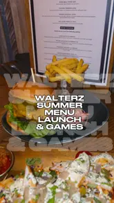 A montage-style video showcasing the food menu and entertainment facilities at Walterz, including bowling, AR darts, shuffleboard, and arcade games.