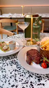 A polished, aesthetic montage showcasing the interior and various dishes at Hazel restaurant, including steak, monkfish, and cocktails, presented as an ideal date night location.