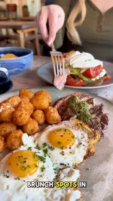 A review of a brunch spot called 3 Piggies in South Liverpool, showcasing dishes like smashed avocado with poached eggs, steak and eggs, tater tots, coffee, and cocktails.