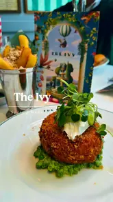 A montage showcasing the spring menu at The Ivy, featuring various dishes like crab and avocado tian, buffalo burrata, fish and chips, and desserts, alongside shots of the restaurant's interior.