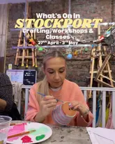 A promotional image for a crafting workshop in Stockport, featuring a person painting a terracotta pot in a studio setting. The image serves as a cover for a listicle-style video about local creative activities.