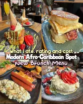 A collage of four brunch dishes from a modern Afro-Caribbean restaurant, showcasing a variety of sweet and savoury options including French toast, a breakfast scone, a full breakfast, and pancakes.