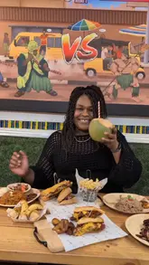 A review of 'Jerk vs Suya' in South Norwood, London, featuring a variety of Jamaican and Nigerian dishes including jerk chicken, suya, and a cheesesteak. The creator highlights the food quality, the interior decor, and mentions upcoming events like quiz nights.