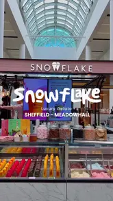A short, punchy video showcasing various gelato flavours, unique ice cream shapes, and matcha drinks at a Snowflake Gelato kiosk in Meadowhall.