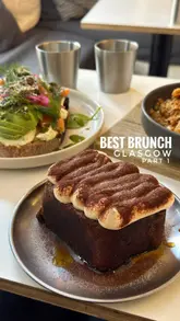 A short, aesthetic montage showcasing a brunch cafe in Glasgow, featuring close-ups of coffee, avocado toast, granola, and a tiramisu banana bread.