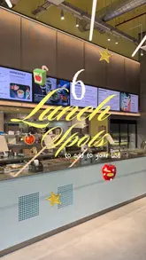 A fast-paced listicle video showcasing six different lunch spots in London, featuring a variety of salads, sandwiches, Vietnamese food, and pizza.