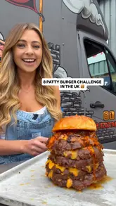 The video features a food influencer attempting an 8-patty burger challenge at a food truck called MeatCastles. The creator interacts with the staff, shows the preparation of the massive burger, and attempts to eat it, providing a fun and energetic look at the venue's offering.