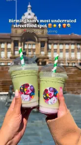 A montage of various food and drink items from Pop Street, held up against the backdrop of the Birmingham Bullring. The video cycles through matcha drinks, ice cream, halloumi, burgers, and bao buns to showcase the variety of street food available.