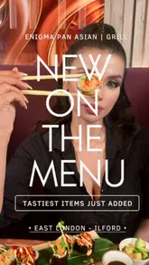 A creator visits Enigma, a Pan-Asian restaurant, to showcase their new menu items. The video features a variety of dishes including steak, sushi, and satay, alongside mocktails and desserts, presented with high-energy commentary and quick, engaging cuts.