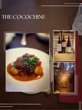 A collage-style image showcasing a fine dining experience at The Cocochine, featuring a plated main course, a selection of wine bottles, and a candlelit table setting.