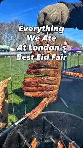 A fast-paced, engaging reel showcasing a variety of food vendors at a London Eid Fair, highlighting dishes like smoked ribs, smash burgers, pizza, and matcha lattes.