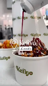 A promotional video for the launch of Kefiyo in Leeds, featuring close-up shots of frozen yogurt being prepared with various toppings, alongside exterior shots of the venue and customers.