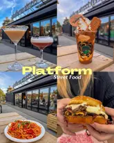 A collage-style promotional image for Platform Street Food in Cardiff, showcasing a variety of offerings including cocktails, a dessert sundae, pasta, and a burger.