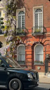 A montage of various London venues, parks, and streets during the month of May, highlighting the seasonal flowers and outdoor dining atmosphere.