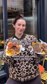 A fast-paced listicle video showcasing various food spots across Bristol and Bath, featuring a creator presenting different dishes including steak fries, birria tacos, pizza, pasta, and fish and chips.