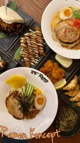 A high-quality montage showcasing various Japanese dishes including ramen, bao buns, gyoza, and karaage at Ramen Koncept, highlighting the preparation and presentation of the food.