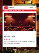 A screenshot of a TimeOut Edinburgh review page for House of Gods hotel, featuring a photo of monkey statues in a red-lit room.