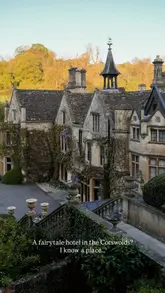 A visually stunning tour of The Manor House in Castle Combe, highlighting the hotel's fairytale aesthetic, luxurious cottage rooms, cozy fireplace, and picturesque grounds during wisteria season.