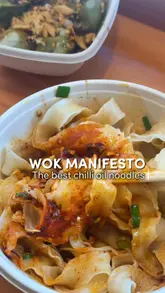 A creator visits Wok Manifesto, an Asian street food spot, showcasing the ordering process, the interior, and a variety of dishes including chilli oil noodles, vegetable dumplings, and pickled radish.