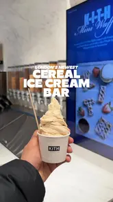 A short-form video review of the new Kith Treats location on Regent Street, London. The creator walks viewers through the customisation process for their cereal-infused ice cream, showing the base selection, mixing, and final product.