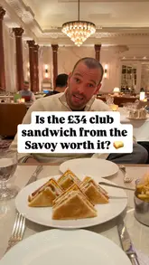 Two creators visit The Savoy in London to review their £34 club sandwich. The video features a tour of the entrance and restaurant, followed by a taste test and discussion about the value and quality of the food.