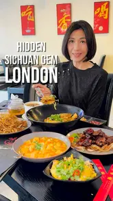 A video showcasing a variety of Sichuan dishes at Crystal China in London, featuring close-ups of the food and the creator tasting the dishes.