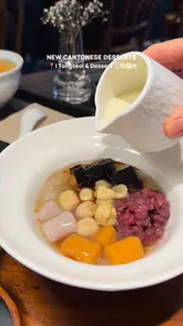 A short, polished video showcasing a variety of Cantonese desserts at a venue called I Tongseoi & Dessert. The video features close-up shots of desserts being prepared and served, including mango pomelo sago and black sesame rice mochi, with text overlays identifying the items.