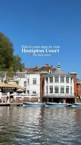 A montage showcasing a visit to The Mitre Hotel at Hampton Court, featuring a boat trip on the River Thames, afternoon tea, hotel room interiors, and a tour of the nearby Hampton Court Palace.
